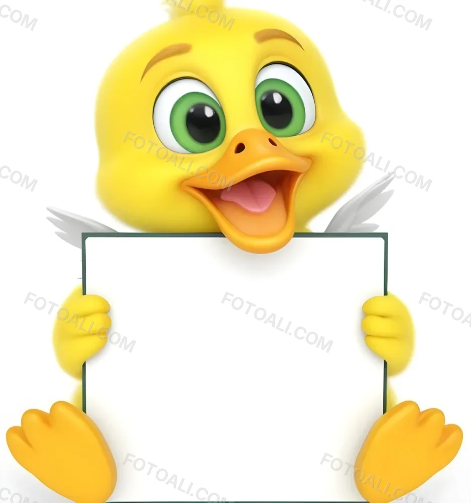 3d Model A Cartoon Yellow Duckling With Large Green Eyes And A Big Smile Holding A Blank Yellow Sign With Both Hands The Duckling Has A Round Head And Small Wings With Its Feet Visible At The Bottom The Background Is 9 671f