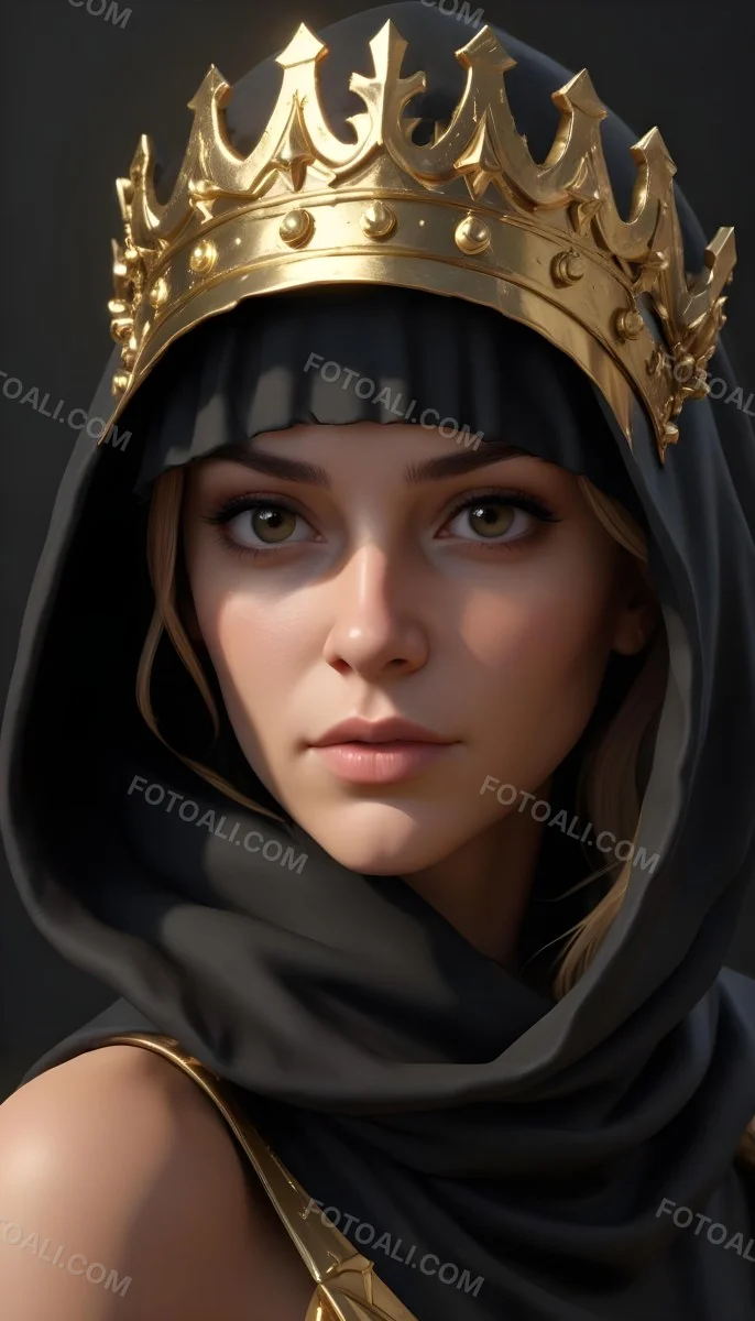 3d Model A Caucasian Woman 30 Years Old With A Black Hood And A Golden Crown Dark Background Figure Octane Render Volumetric Highly Detailed Videogame Aesthetic 18 E8c7