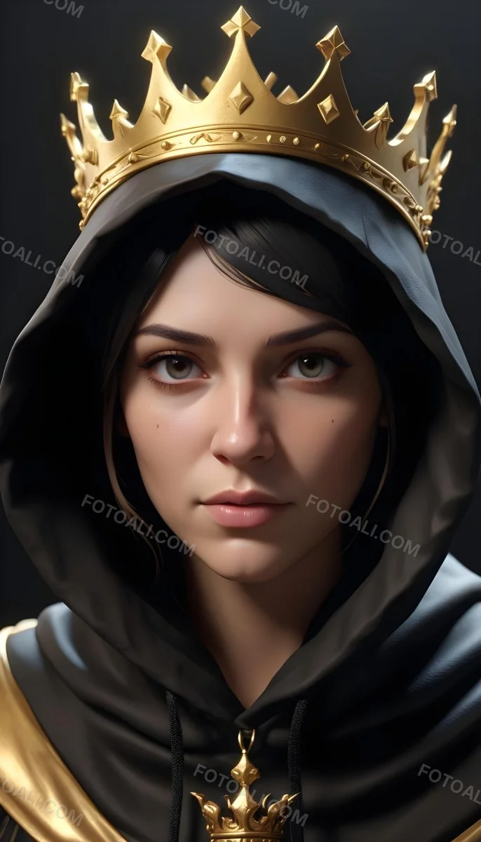 3d Model A Caucasian Woman 30 Years Old With A Black Hood And A Golden Crown Dark Background Figure Octane Render Volumetric Highly Detailed Videogame Aesthetic 2 41bb
