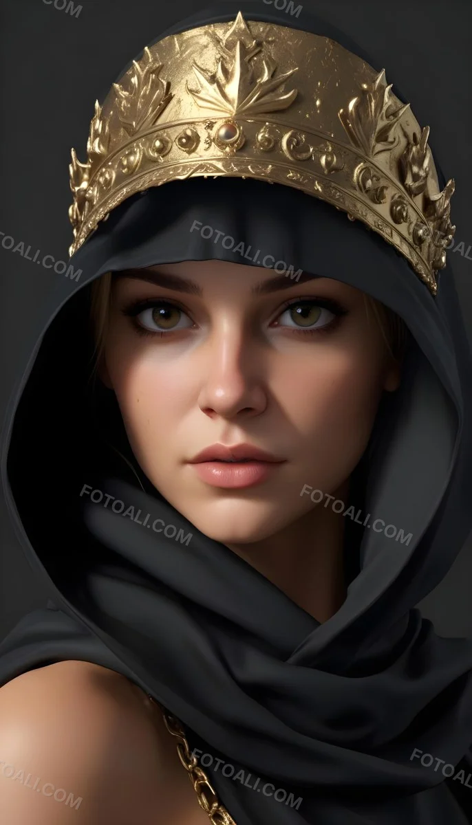 3d Model A Caucasian Woman 30 Years Old With A Black Hood And A Golden Crown Dark Background Figure Octane Render Volumetric Highly Detailed Videogame Aesthetic 23 407f