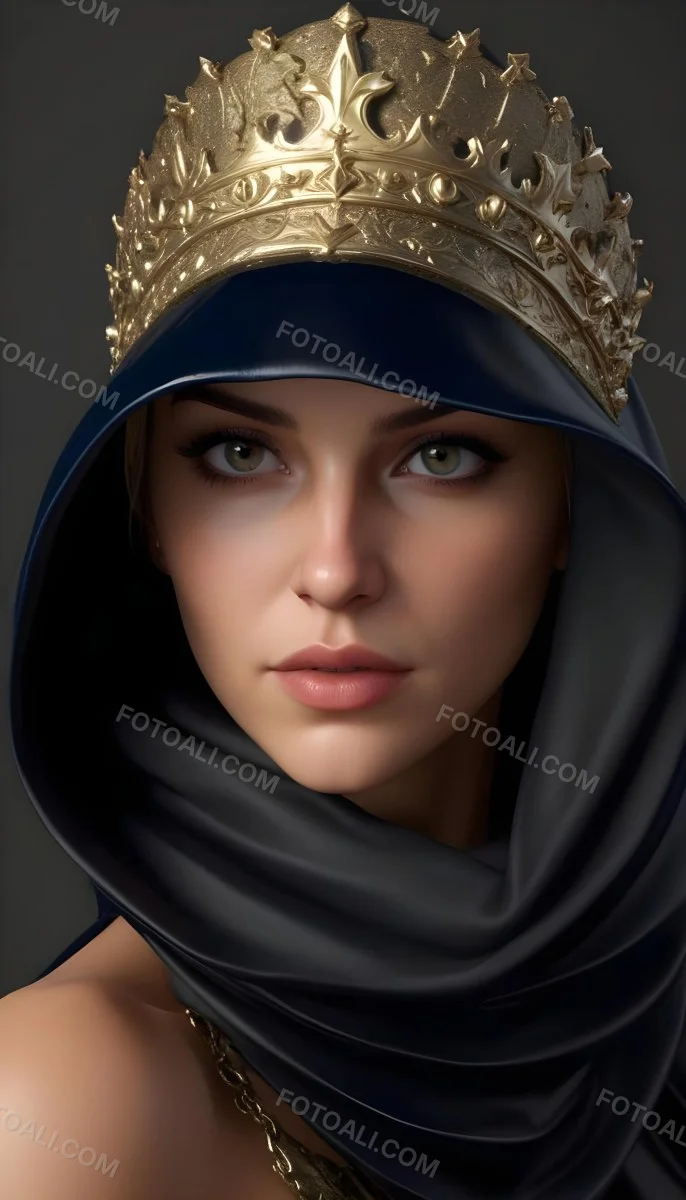 3d Model A Caucasian Woman 30 Years Old With A Black Hood And A Golden Crown Dark Background Figure Octane Render Volumetric Highly Detailed Videogame Aesthetic 26 0ac4