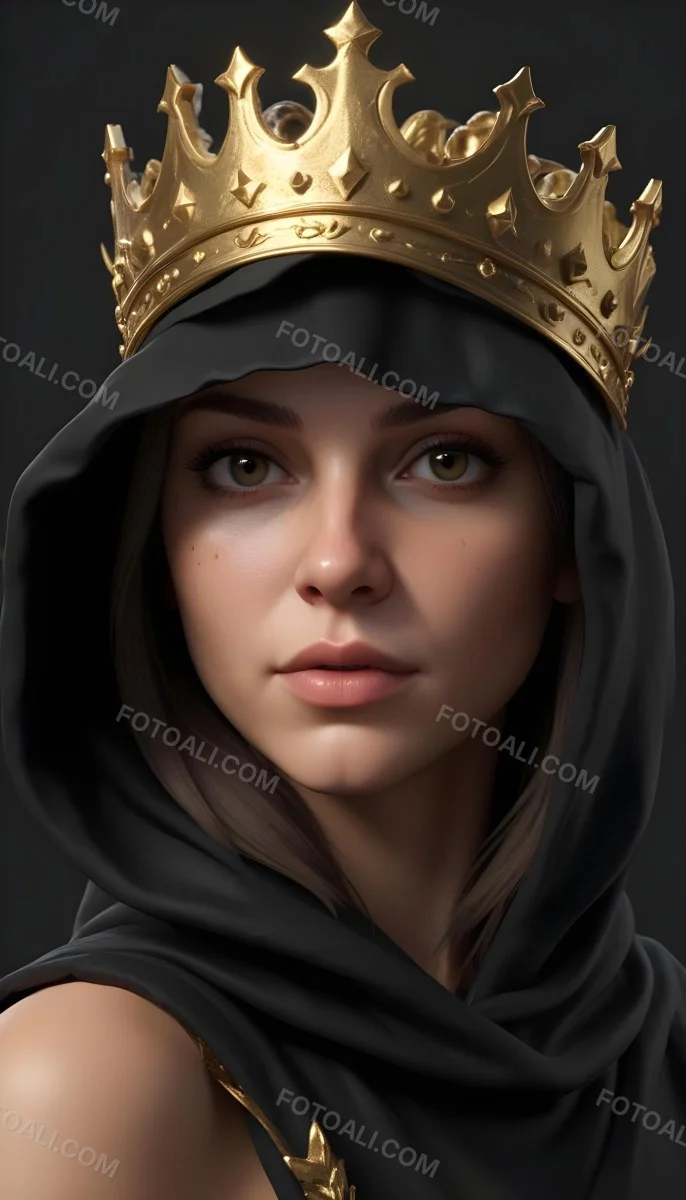 3d Model A Caucasian Woman 30 Years Old With A Black Hood And A Golden Crown Dark Background Figure Octane Render Volumetric Highly Detailed Videogame Aesthetic 27 Ae20