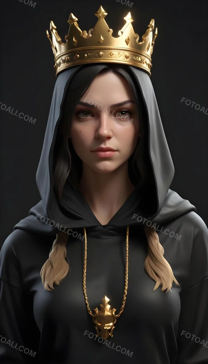 3d Model A Caucasian Woman 30 Years Old With A Black Hood And A Golden Crown Dark Background Figure Octane Render Volumetric Highly Detailed Videogame Aesthetic 34 58fd
