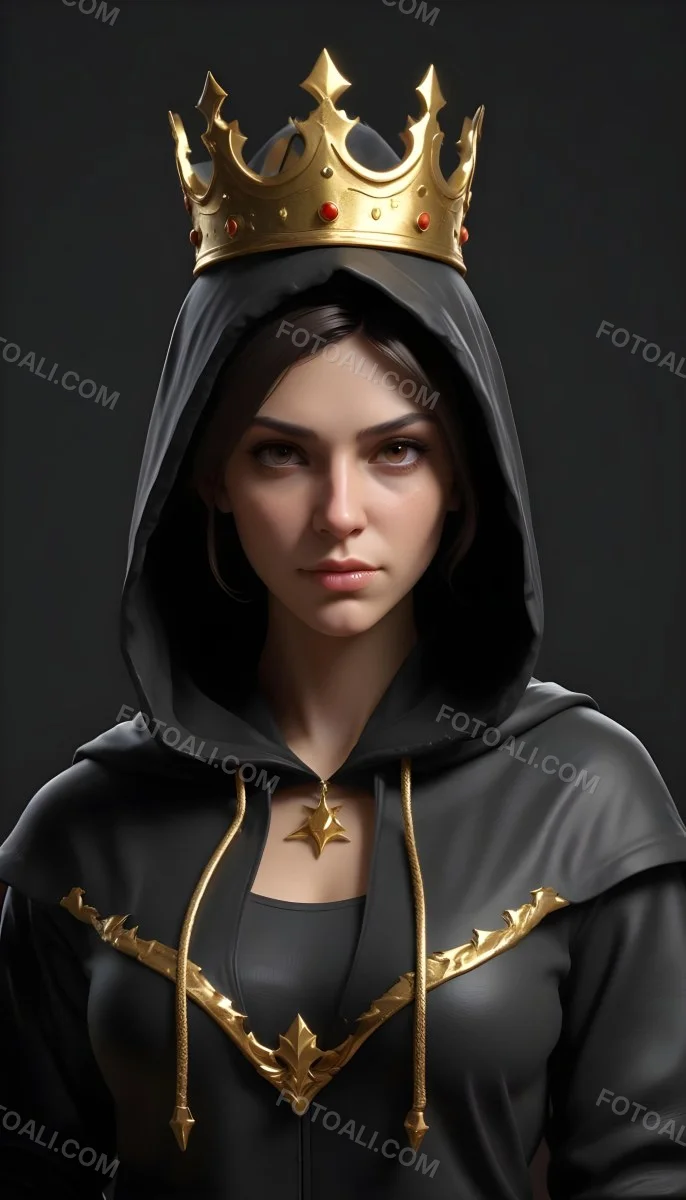 3d Model A Caucasian Woman 30 Years Old With A Black Hood And A Golden Crown Dark Background Figure Octane Render Volumetric Highly Detailed Videogame Aesthetic 36 C0bd