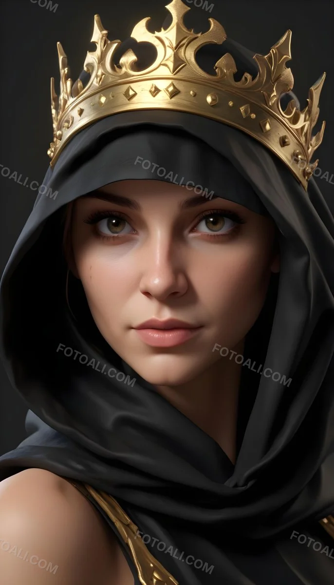 3d Model A Caucasian Woman 30 Years Old With A Black Hood And A Golden Crown Dark Background Figure Octane Render Volumetric Highly Detailed Videogame Aesthetic 37 Ff3f
