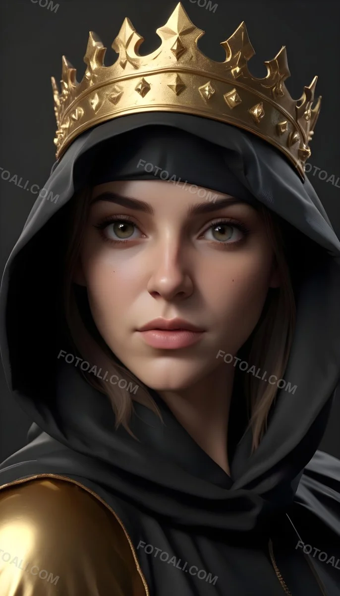 3d Model A Caucasian Woman 30 Years Old With A Black Hood And A Golden Crown Dark Background Figure Octane Render Volumetric Highly Detailed Videogame Aesthetic 39 D4e3