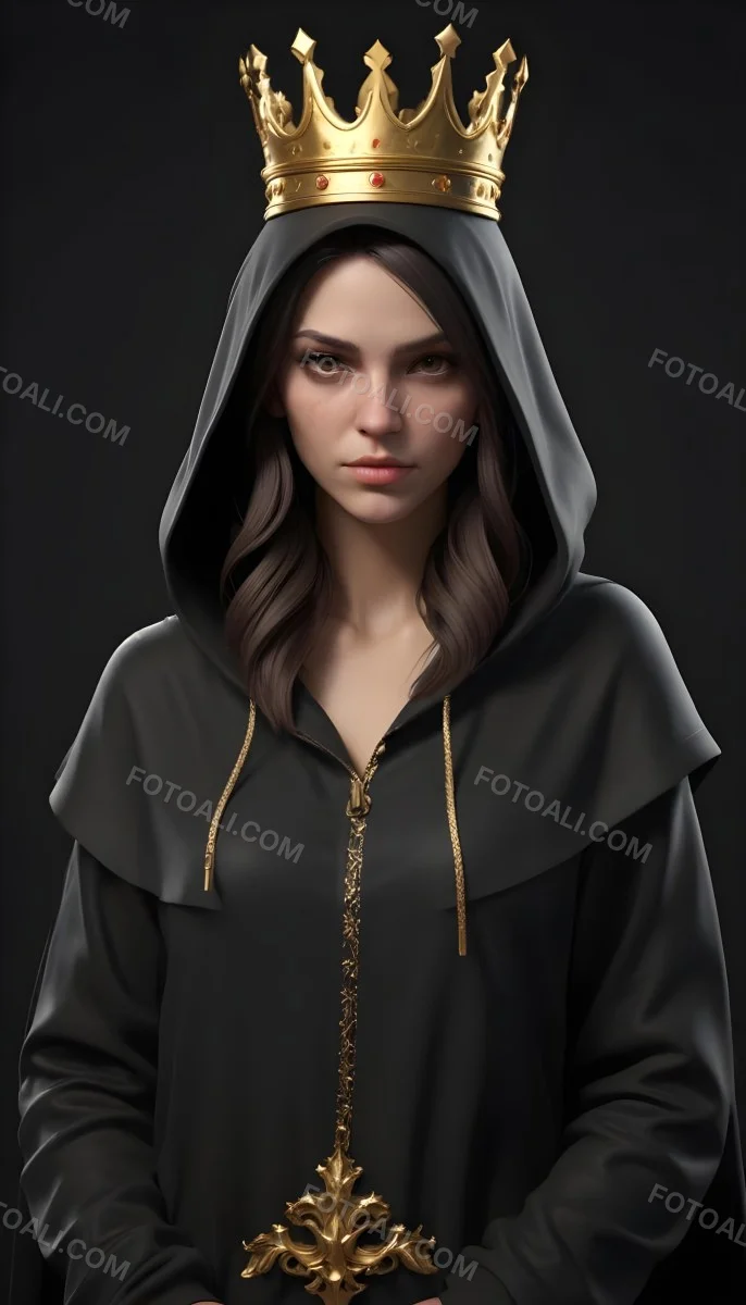 3d Model A Caucasian Woman 30 Years Old With A Black Hood And A Golden Crown Dark Background Figure Octane Render Volumetric Highly Detailed Videogame Aesthetic 5 62c8