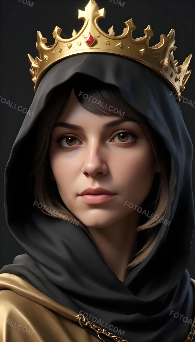 3d Model A Caucasian Woman 30 Years Old With A Black Hood And A Golden Crown Dark Background Figure Octane Render Volumetric Highly Detailed Videogame Aesthetic 6 132b