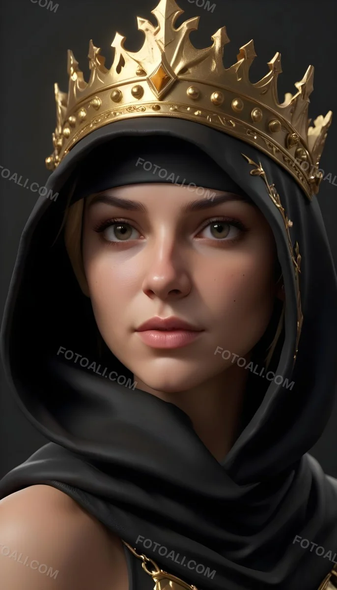 3d Model A Caucasian Woman 30 Years Old With A Black Hood And A Golden Crown Dark Background Figure Octane Render Volumetric Highly Detailed Videogame Aesthetic 7 48b5