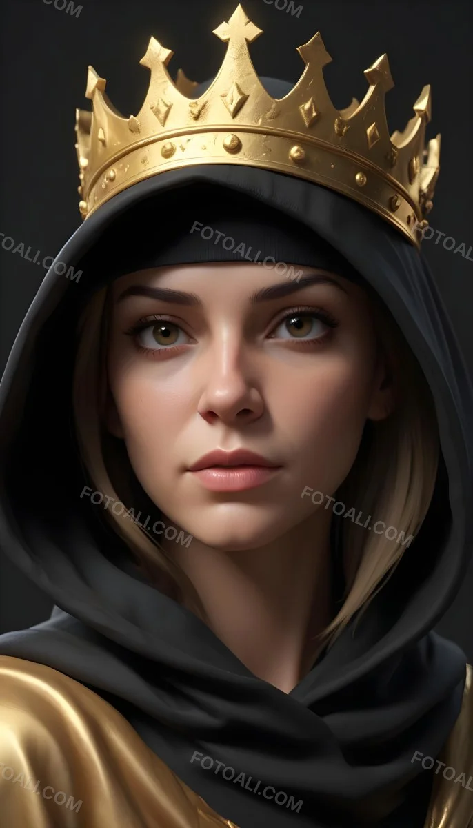 3d Model A Caucasian Woman 30 Years Old With A Black Hood And A Golden Crown Dark Background Figure Octane Render Volumetric Highly Detailed Videogame Aesthetic 9 624c