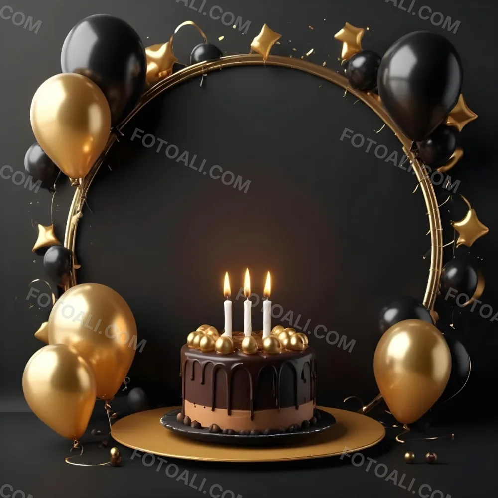3d Model A Chocolate Cake With Three Candles Surrounded By Black And Gold Balloons And A Golden Ring On A Black Background Figure Octane Render Volumetric Highly Detailed Videogame Aesthetic 24 13c2