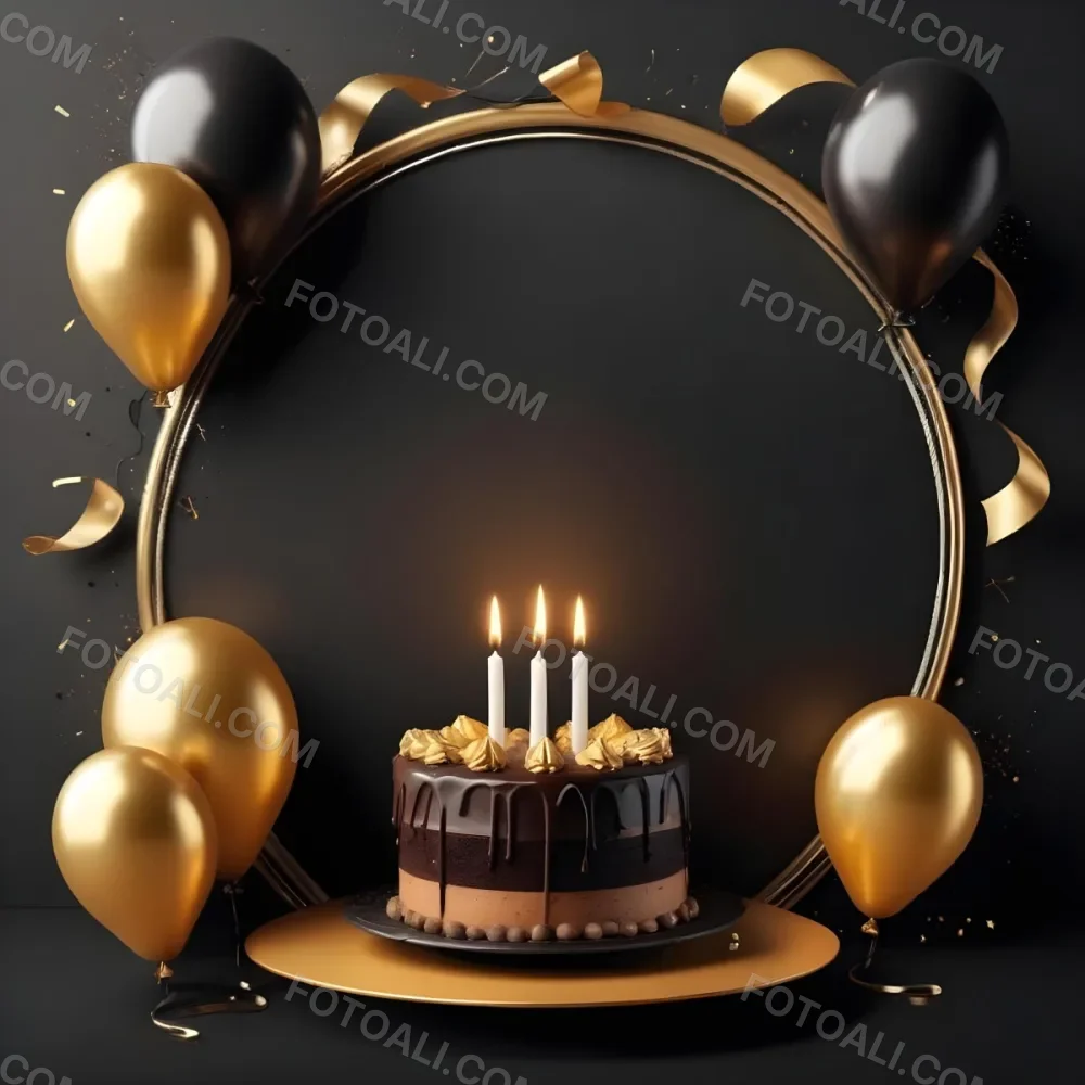 3d Model A Chocolate Cake With Three Candles Surrounded By Black And Gold Balloons And A Golden Ring On A Black Background Figure Octane Render Volumetric Highly Detailed Videogame Aesthetic 25 5977