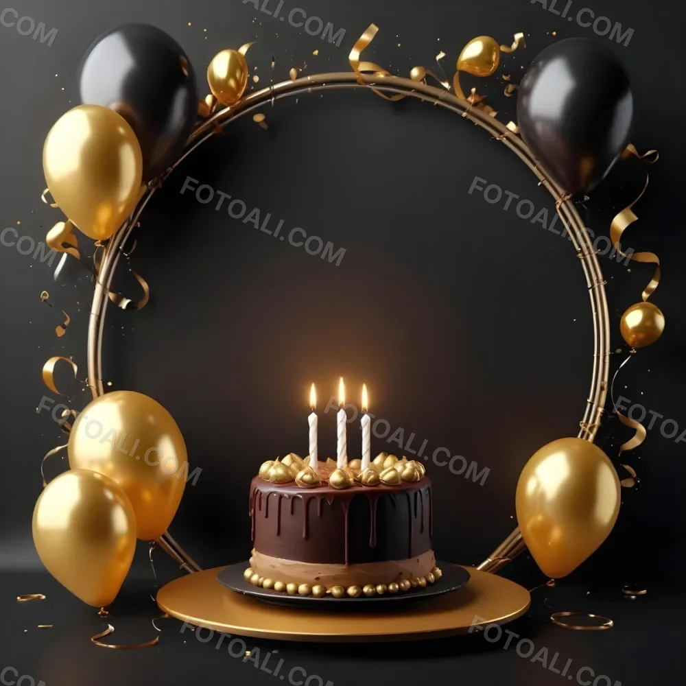 3d Model A Chocolate Cake With Three Candles Surrounded By Black And Gold Balloons And A Golden Ring On A Black Background Figure Octane Render Volumetric Highly Detailed Videogame Aesthetic 26 D6dc