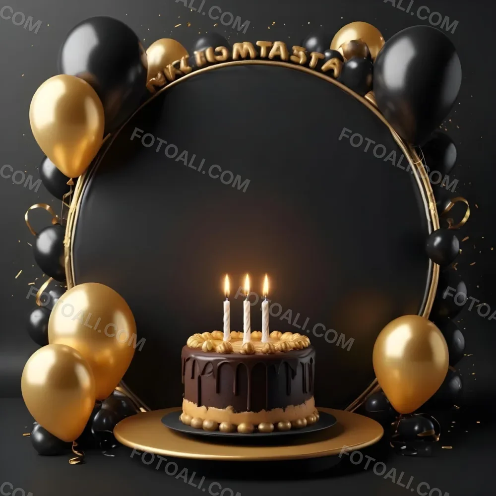 3d Model A Chocolate Cake With Three Candles Surrounded By Black And Gold Balloons And A Golden Ring On A Black Background Figure Octane Render Volumetric Highly Detailed Videogame Aesthetic 27 E7f5