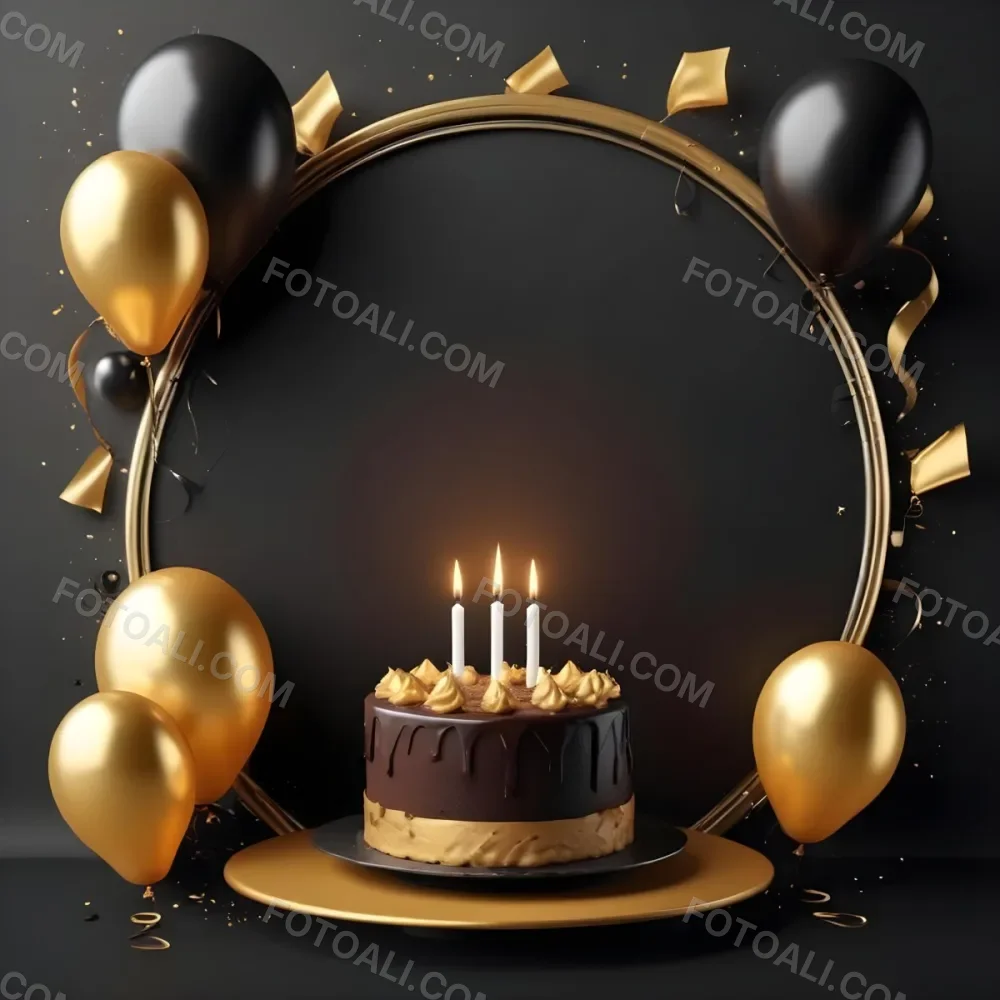 3d Model A Chocolate Cake With Three Candles Surrounded By Black And Gold Balloons And A Golden Ring On A Black Background Figure Octane Render Volumetric Highly Detailed Videogame Aesthetic 28 5384