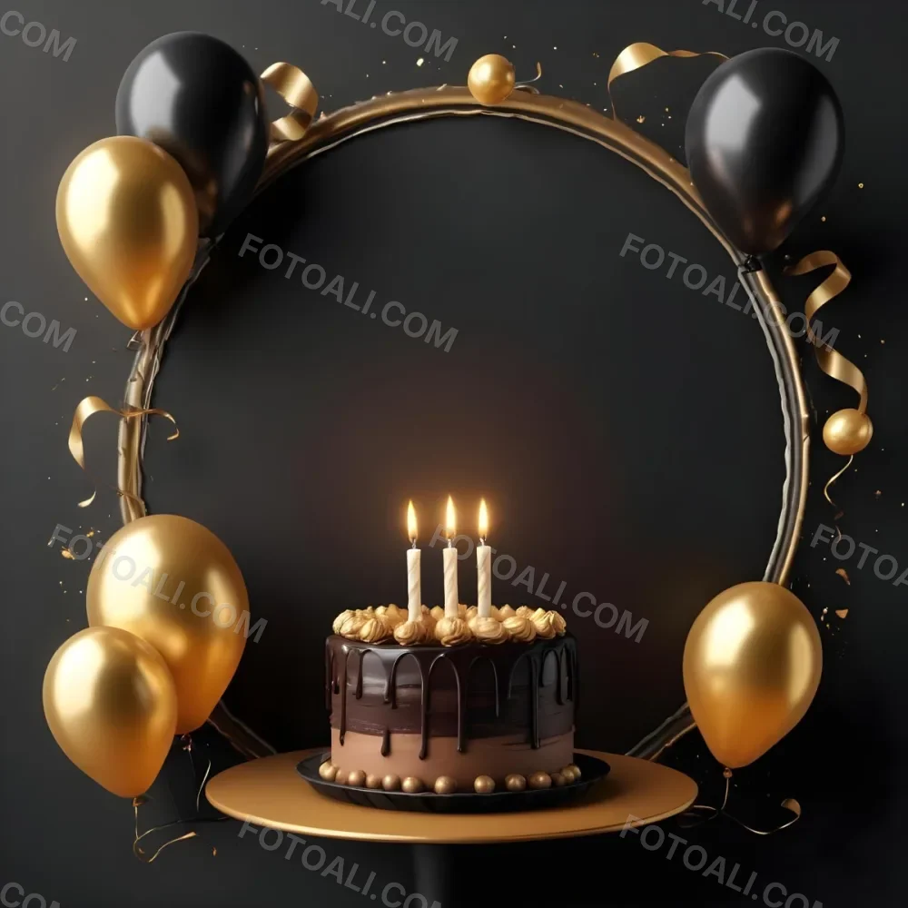 3d Model A Chocolate Cake With Three Candles Surrounded By Black And Gold Balloons And A Golden Ring On A Black Background Figure Octane Render Volumetric Highly Detailed Videogame Aesthetic 29 Fa67