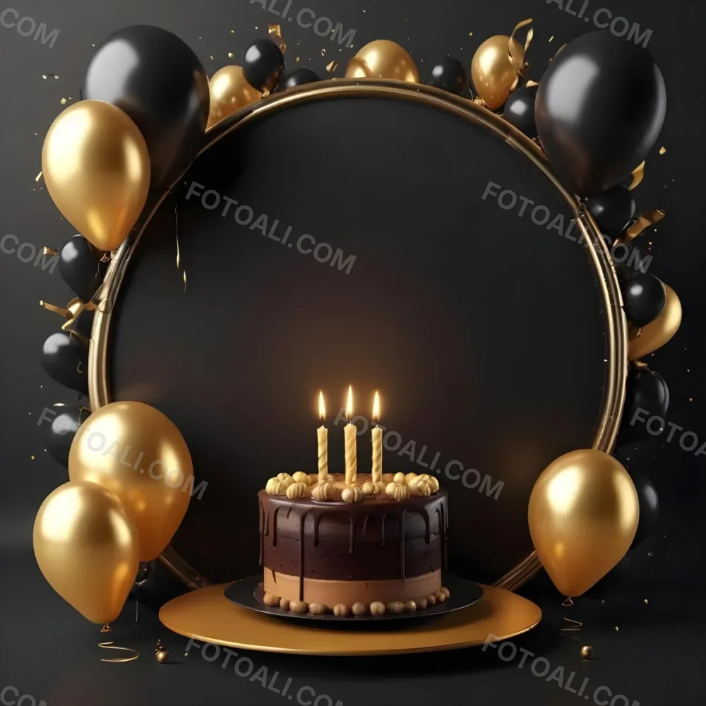 3d Model A Chocolate Cake With Three Candles Surrounded By Black And Gold Balloons And A Golden Ring On A Black Background Figure Octane Render Volumetric Highly Detailed Videogame Aesthetic 3 Bf70