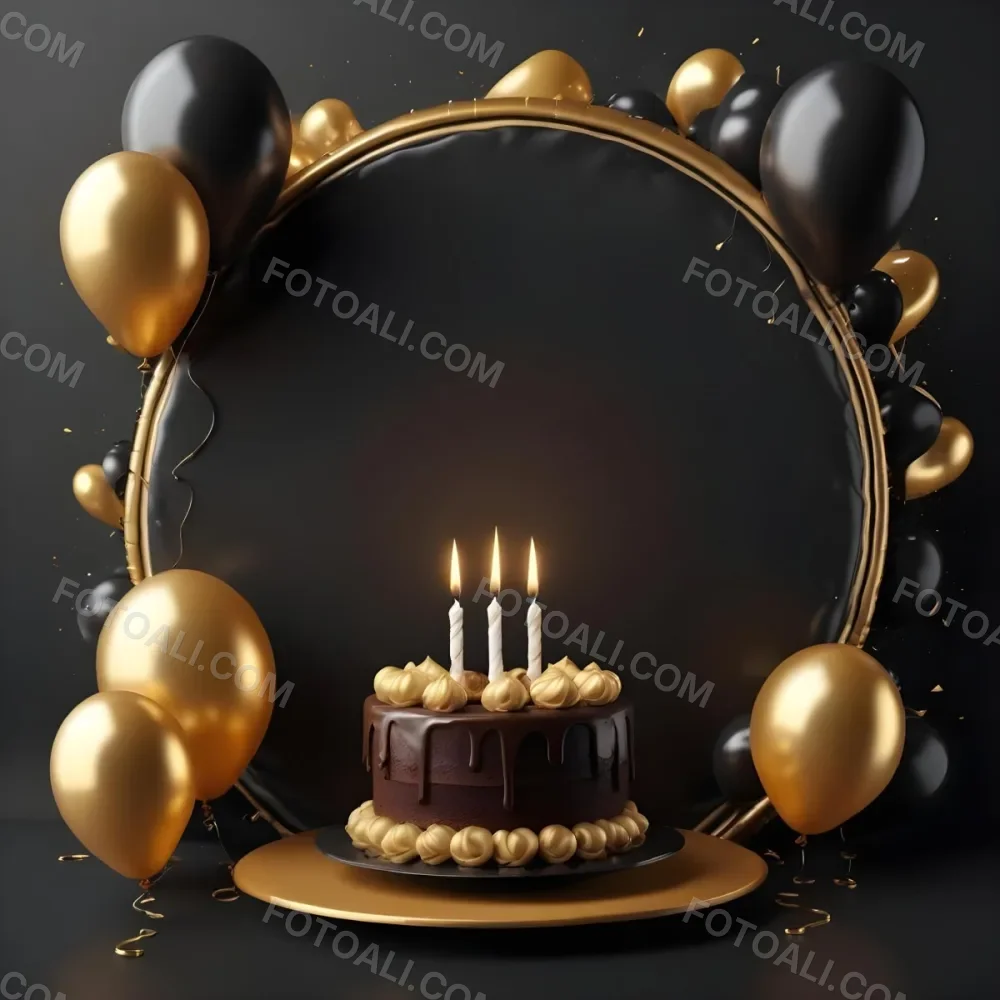 3d Model A Chocolate Cake With Three Candles Surrounded By Black And Gold Balloons And A Golden Ring On A Black Background Figure Octane Render Volumetric Highly Detailed Videogame Aesthetic 30 F3c3
