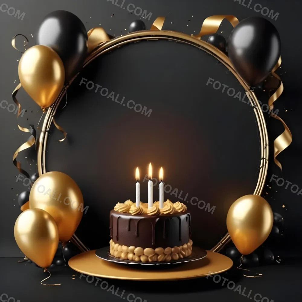 3d Model A Chocolate Cake With Three Candles Surrounded By Black And Gold Balloons And A Golden Ring On A Black Background Figure Octane Render Volumetric Highly Detailed Videogame Aesthetic 31 B421