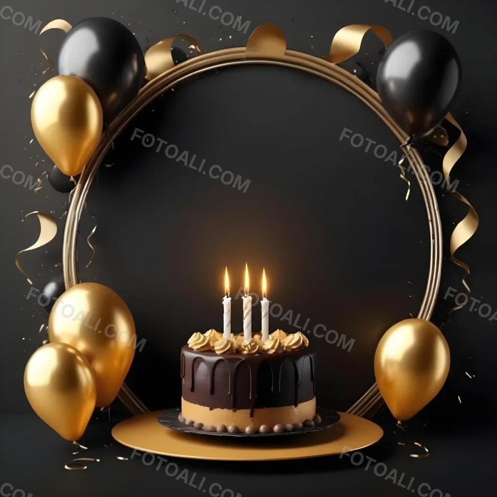 3d Model A Chocolate Cake With Three Candles Surrounded By Black And Gold Balloons And A Golden Ring On A Black Background Figure Octane Render Volumetric Highly Detailed Videogame Aesthetic 4 123a