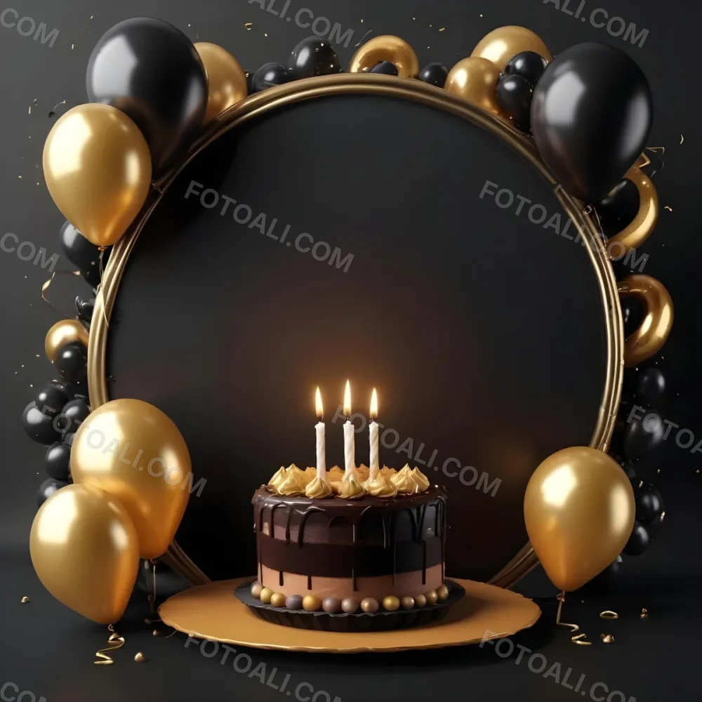 3d Model A Chocolate Cake With Three Candles Surrounded By Black And Gold Balloons And A Golden Ring On A Black Background Figure Octane Render Volumetric Highly Detailed Videogame Aesthetic 5 0163