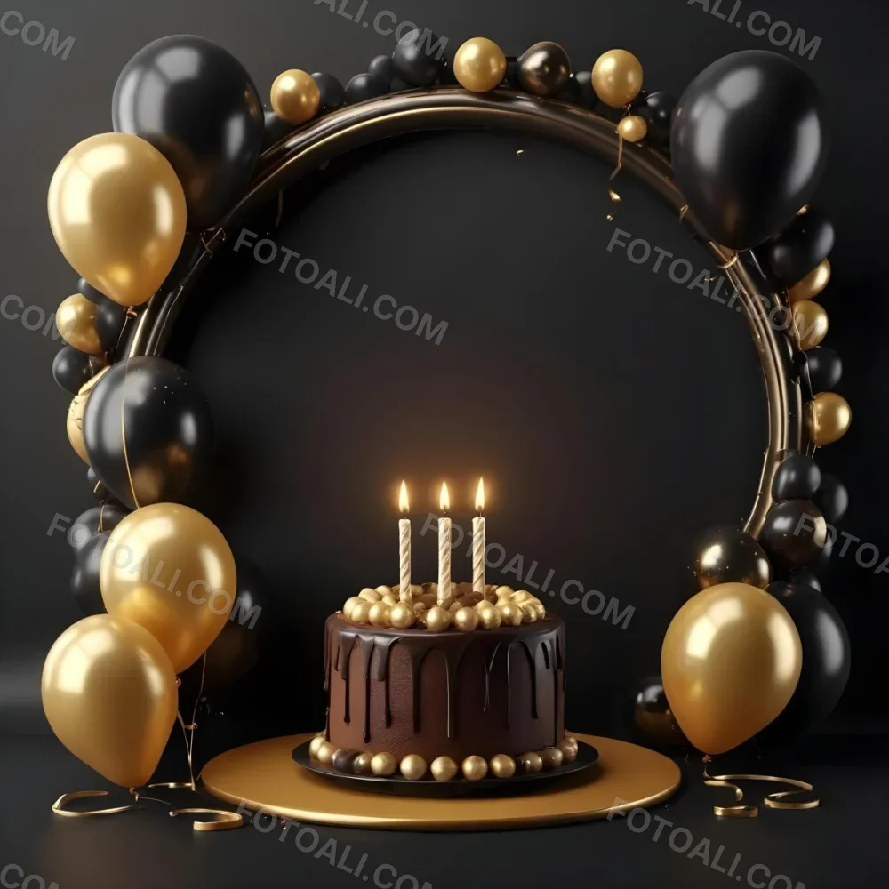 3d Model A Chocolate Cake With Three Candles Surrounded By Black And Gold Balloons And A Golden Ring On A Black Background Figure Octane Render Volumetric Highly Detailed Videogame Aesthetic 6 89bb