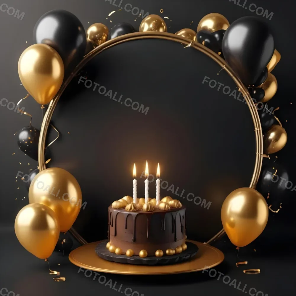 3d Model A Chocolate Cake With Three Candles Surrounded By Black And Gold Balloons And A Golden Ring On A Black Background Figure Octane Render Volumetric Highly Detailed Videogame Aesthetic 7 C3e4