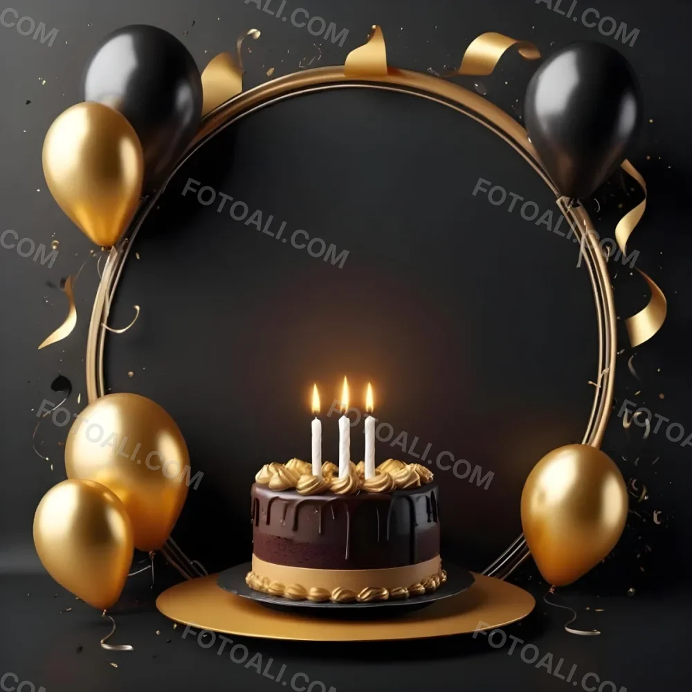 3d Model A Chocolate Cake With Three Candles Surrounded By Black And Gold Balloons And A Golden Ring On A Black Background Figure Octane Render Volumetric Highly Detailed Videogame Aesthetic 9 Cacb