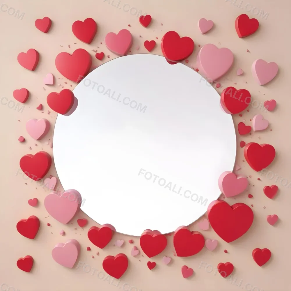3d Model A Circular Blank Mirror Surrounded By Various Hearts In Shades Of Red And Pink Scattered Around The Mirror On A Light Beige Background Figure Octane Render Volumetric Highly Detailed Videogame Aesthetic 13 Dc42