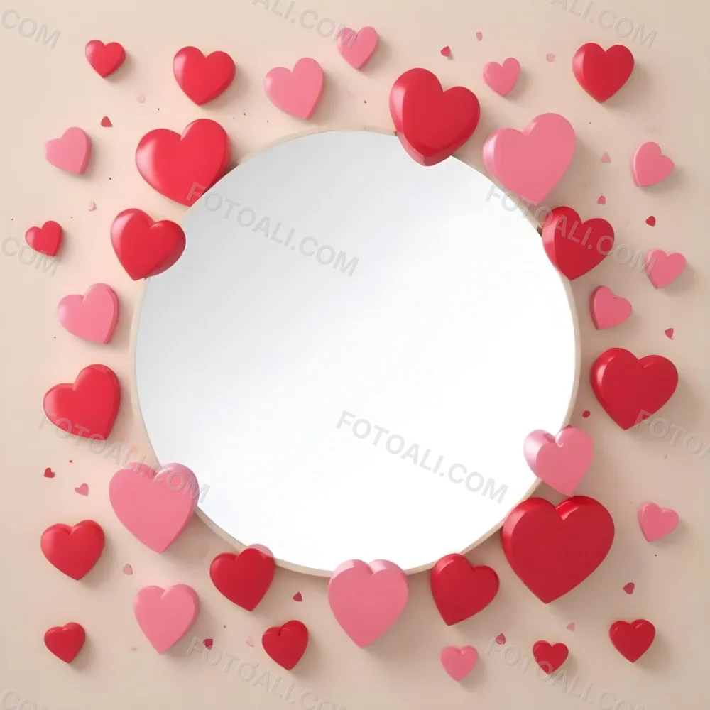 3d Model A Circular Blank Mirror Surrounded By Various Hearts In Shades Of Red And Pink Scattered Around The Mirror On A Light Beige Background Figure Octane Render Volumetric Highly Detailed Videogame Aesthetic 18 9c28
