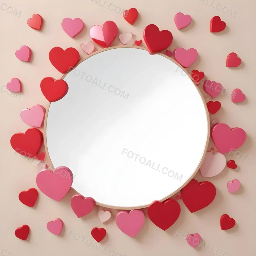 3d Model A Circular Blank Mirror Surrounded By Various Hearts In Shades Of Red And Pink Scattered Around The Mirror On A Light Beige Background Figure Octane Render Volumetric Highly Detailed Videogame Aesthetic 19 1769