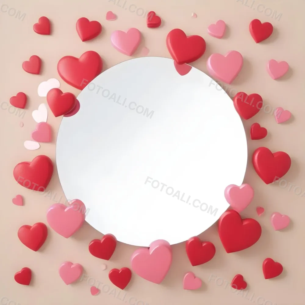 3d Model A Circular Blank Mirror Surrounded By Various Hearts In Shades Of Red And Pink Scattered Around The Mirror On A Light Beige Background Figure Octane Render Volumetric Highly Detailed Videogame Aesthetic 21 D916
