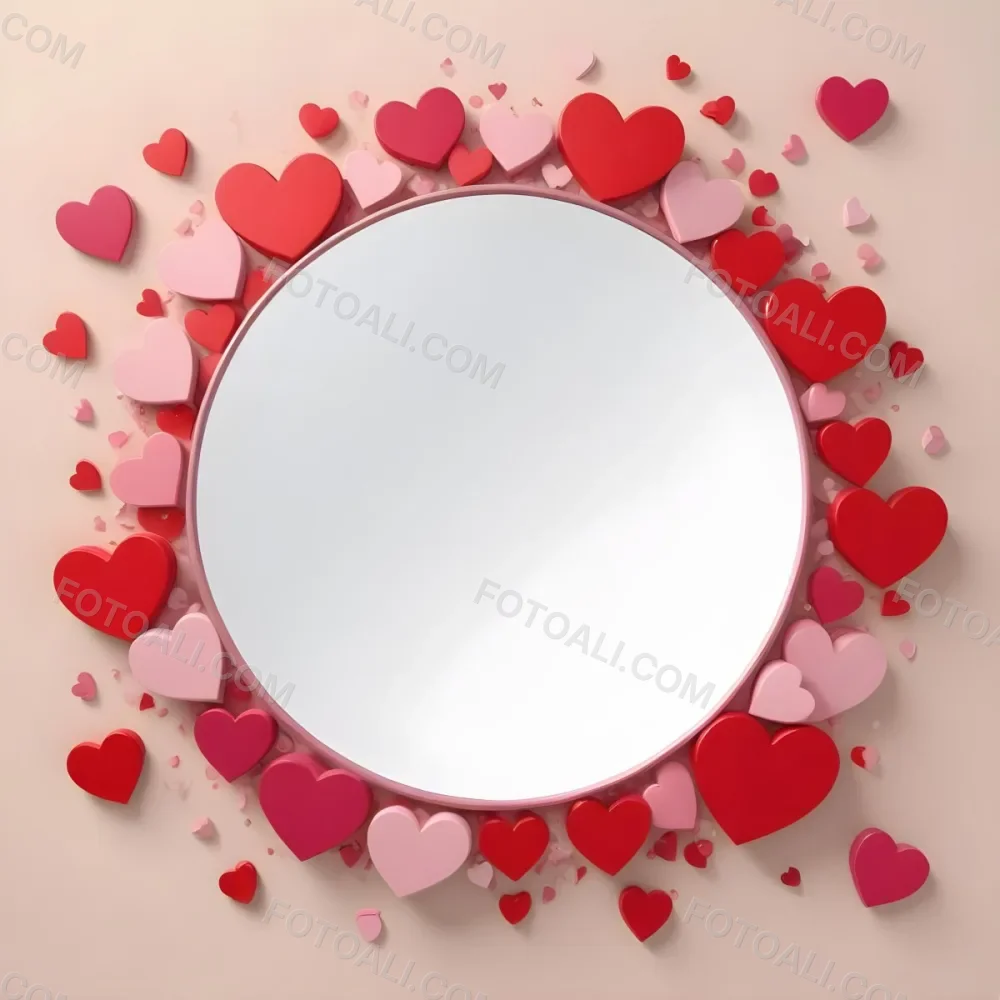 3d Model A Circular Blank Mirror Surrounded By Various Hearts In Shades Of Red And Pink Scattered Around The Mirror On A Light Beige Background Figure Octane Render Volumetric Highly Detailed Videogame Aesthetic 22 6798