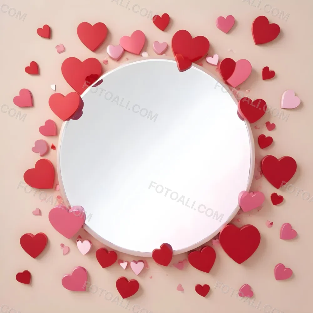 3d Model A Circular Blank Mirror Surrounded By Various Hearts In Shades Of Red And Pink Scattered Around The Mirror On A Light Beige Background Figure Octane Render Volumetric Highly Detailed Videogame Aesthetic 3 963c
