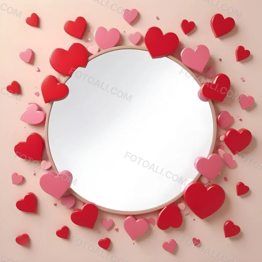 3d Model A Circular Blank Mirror Surrounded By Various Hearts In Shades Of Red And Pink Scattered Around The Mirror On A Light Beige Background Figure Octane Render Volumetric Highly Detailed Videogame Aesthetic 4 E01e