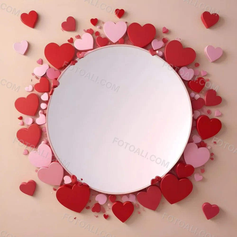 3d Model A Circular Blank Mirror Surrounded By Various Hearts In Shades Of Red And Pink Scattered Around The Mirror On A Light Beige Background Figure Octane Render Volumetric Highly Detailed Videogame Aesthetic 8 7ff3