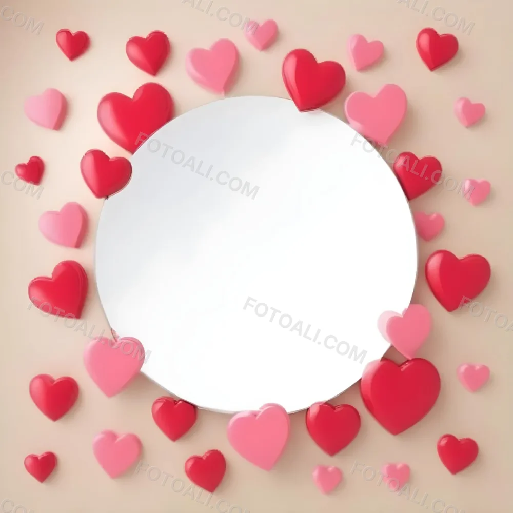 3d Model A Circular Blank Mirror Surrounded By Various Hearts In Shades Of Red And Pink Scattered Around The Mirror On A Light Beige Background Figure Octane Render Volumetric Highly Detailed Videogame Aesthetic 9 7b58