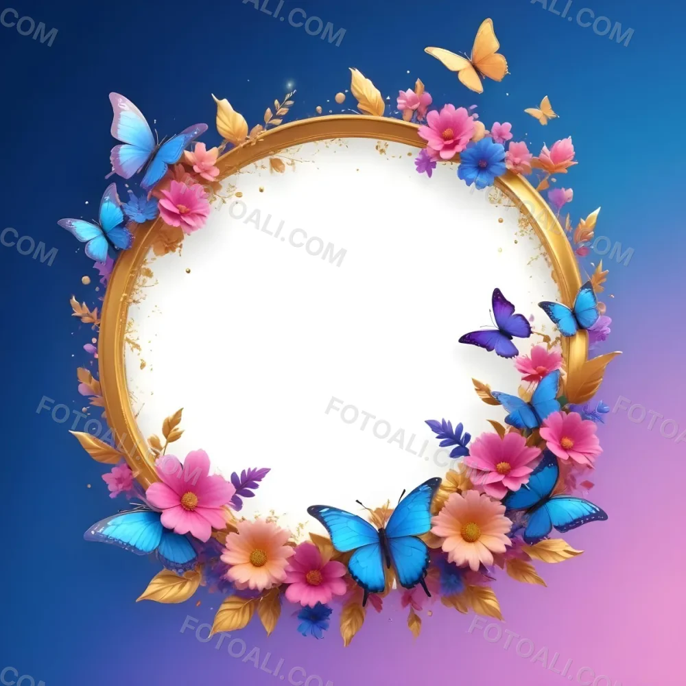 3d Model A Circular Frame With A Gold Outline Surrounded By Colorful Flowers And Butterflies The Background Transitions From Blue To Pink With Sparkling Effects And Bubbles Enhancing The Decorative Elements The Cente 17 55c2