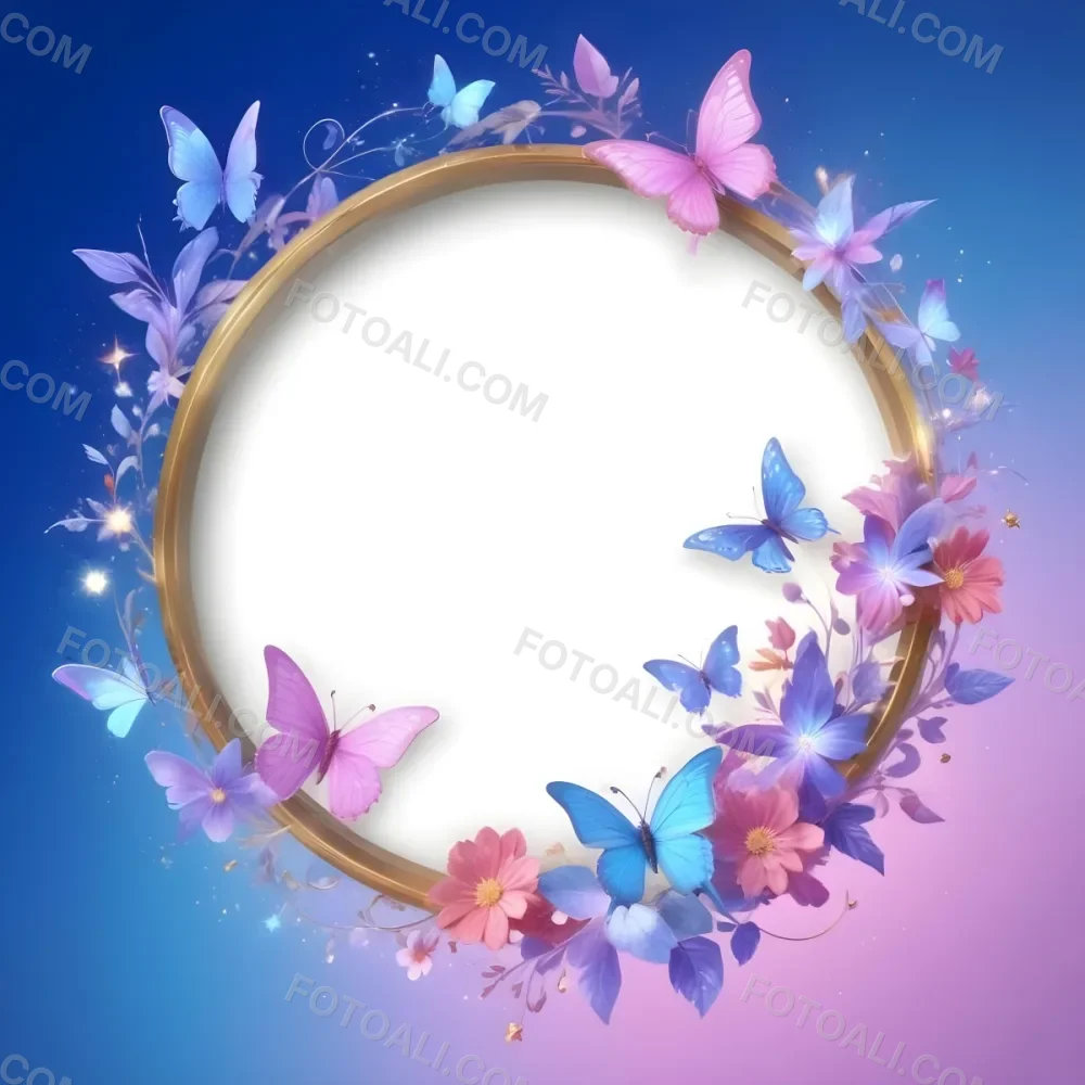 3d Model A Circular Frame With A Gold Outline Surrounded By Colorful Flowers And Butterflies The Background Transitions From Blue To Pink With Sparkling Effects And Bubbles Enhancing The Decorative Elements The Cente 31 B49f