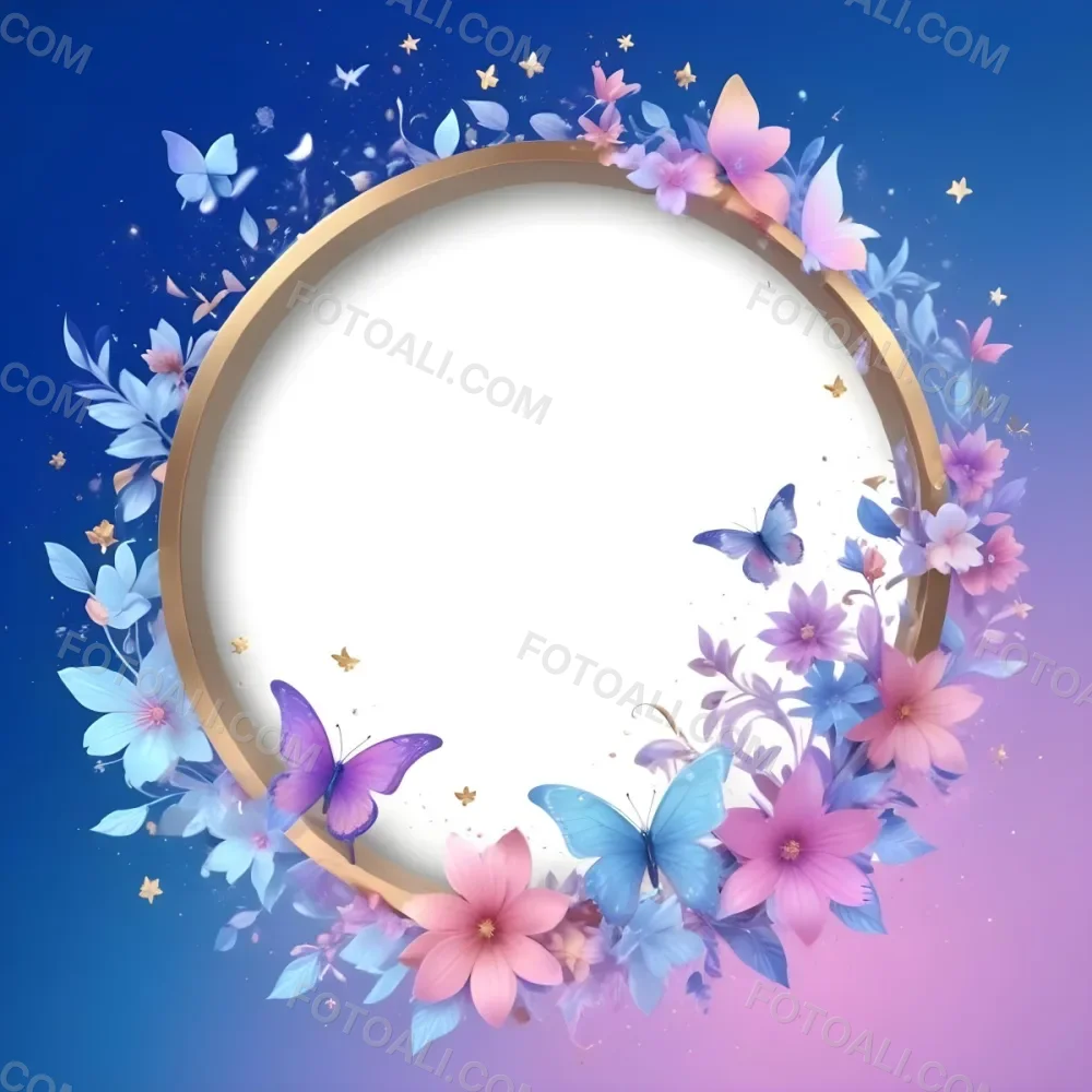 3d Model A Circular Frame With A Gold Outline Surrounded By Colorful Flowers And Butterflies The Background Transitions From Blue To Pink With Sparkling Effects And Bubbles Enhancing The Decorative Elements The Cente 36 Feb5