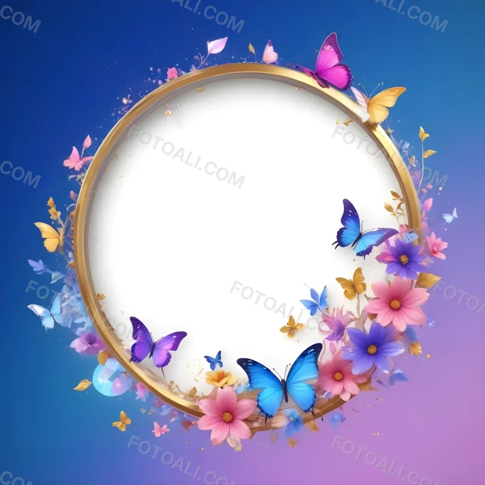 3d Model A Circular Frame With A Gold Outline Surrounded By Colorful Flowers And Butterflies The Background Transitions From Blue To Pink With Sparkling Effects And Bubbles Enhancing The Decorative Elements The Cente 37 1c1d