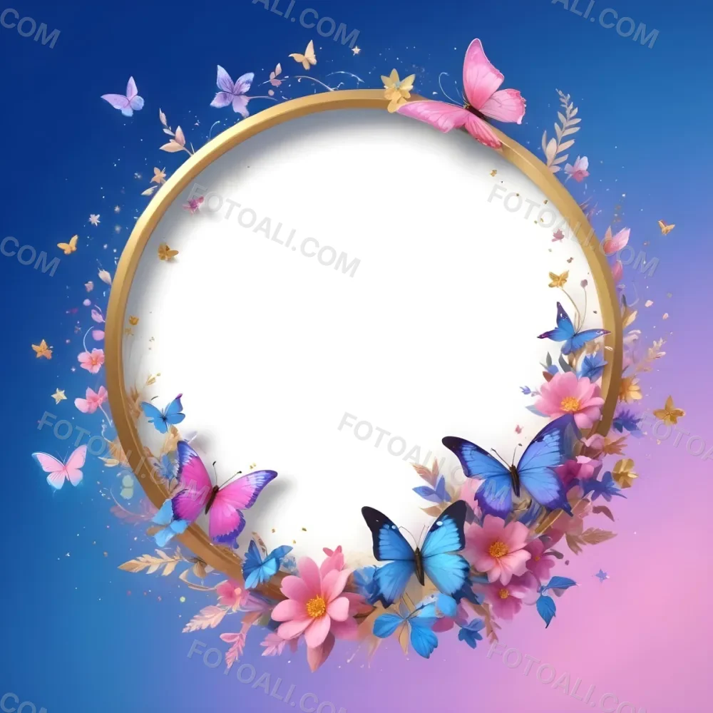 3d Model A Circular Frame With A Gold Outline Surrounded By Colorful Flowers And Butterflies The Background Transitions From Blue To Pink With Sparkling Effects And Bubbles Enhancing The Decorative Elements The Cente 39 Af1a