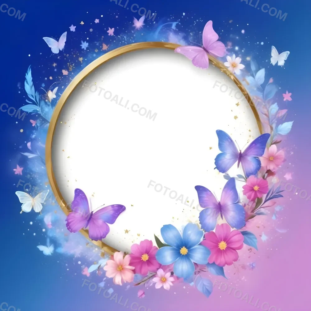 3d Model A Circular Frame With A Gold Outline Surrounded By Colorful Flowers And Butterflies The Background Transitions From Blue To Pink With Sparkling Effects And Bubbles Enhancing The Decorative Elements The Cente 4 Ac27
