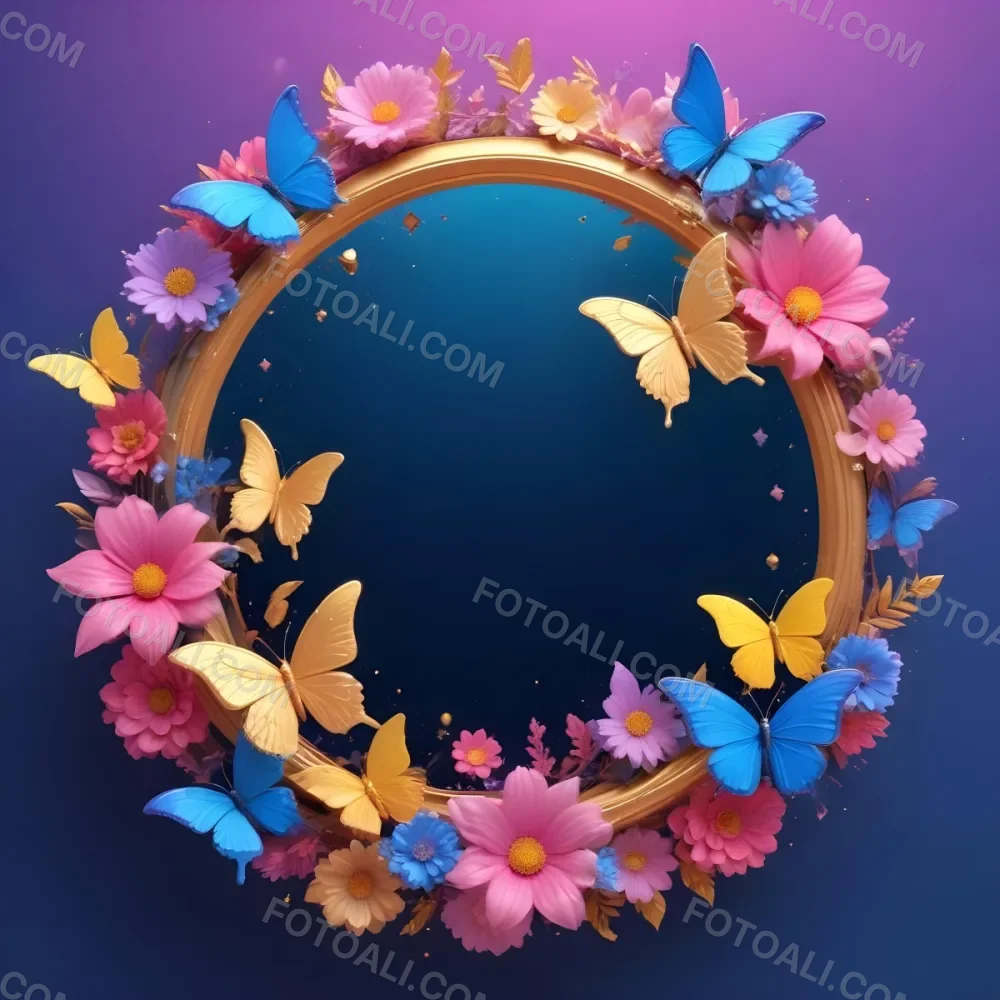 3d Model A Circular Frame With A Gold Outline Surrounded By Colorful Flowers And Butterflies The Background Transitions From Blue To Pink With Sparkling Effects And Bubbles Enhancing The Decorative Elements The Cente 45 Dd5e