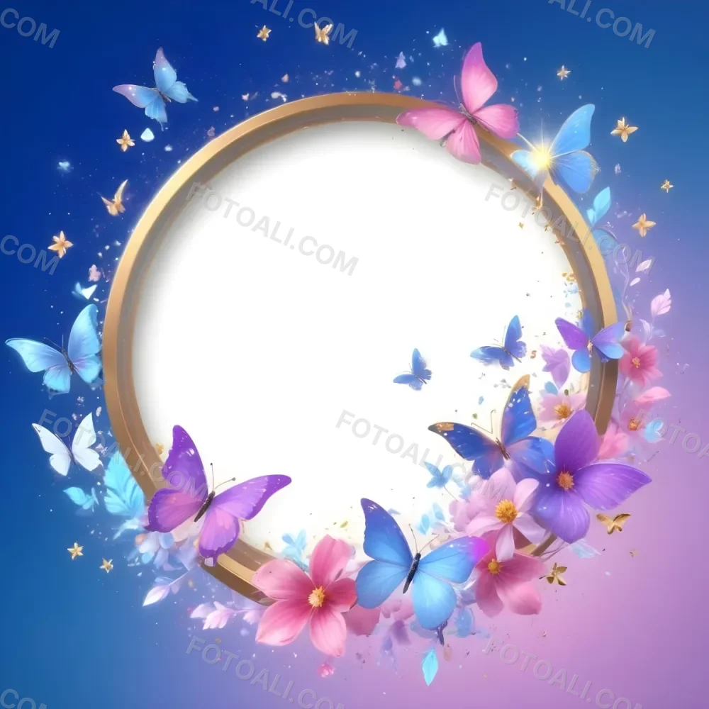 3d Model A Circular Frame With A Gold Outline Surrounded By Colorful Flowers And Butterflies The Background Transitions From Blue To Pink With Sparkling Effects And Bubbles Enhancing The Decorative Elements The Cente 46 3acd