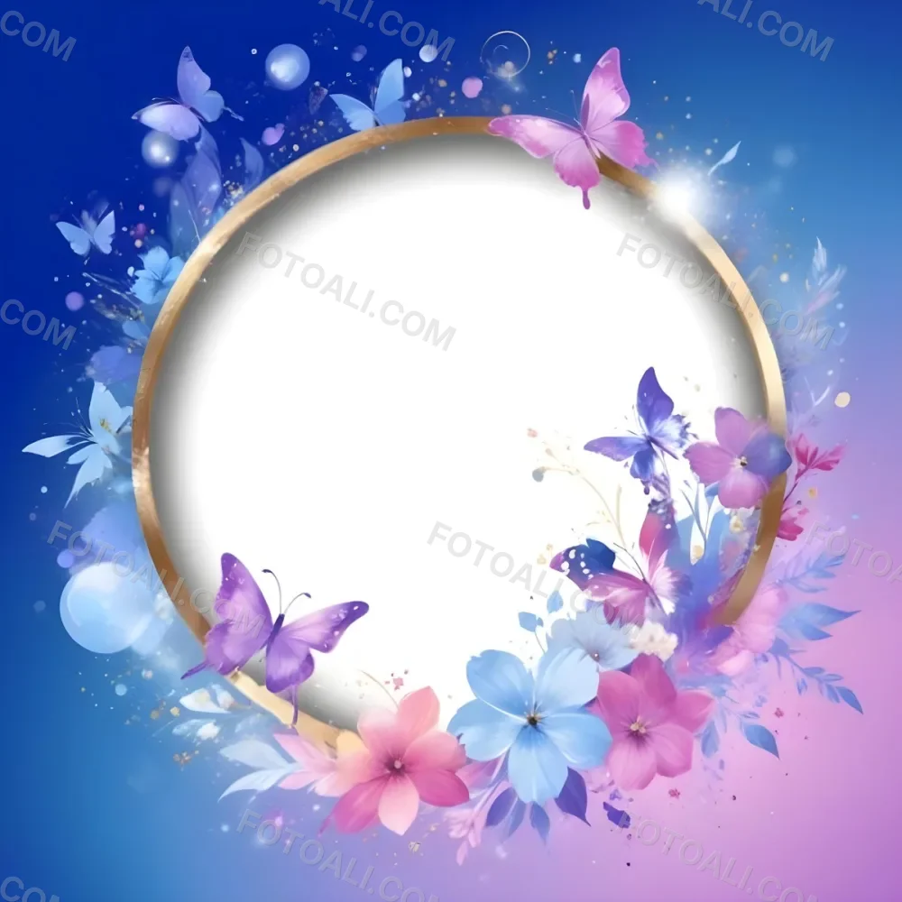 3d Model A Circular Frame With A Gold Outline Surrounded By Colorful Flowers And Butterflies The Background Transitions From Blue To Pink With Sparkling Effects And Bubbles Enhancing The Decorative Elements The Cente 5 8861