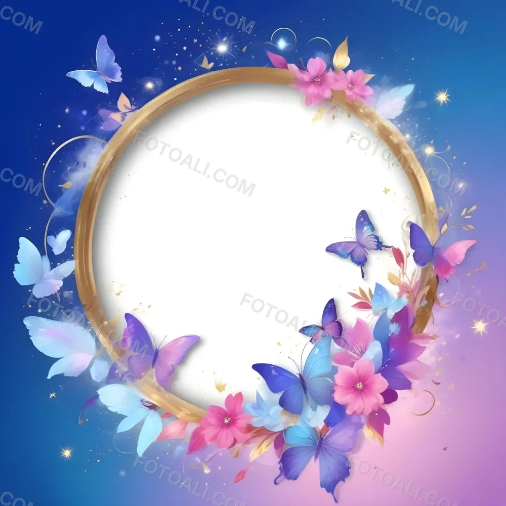 3d Model A Circular Frame With A Gold Outline Surrounded By Colorful Flowers And Butterflies The Background Transitions From Blue To Pink With Sparkling Effects And Bubbles Enhancing The Decorative Elements The Cente 6 3d28