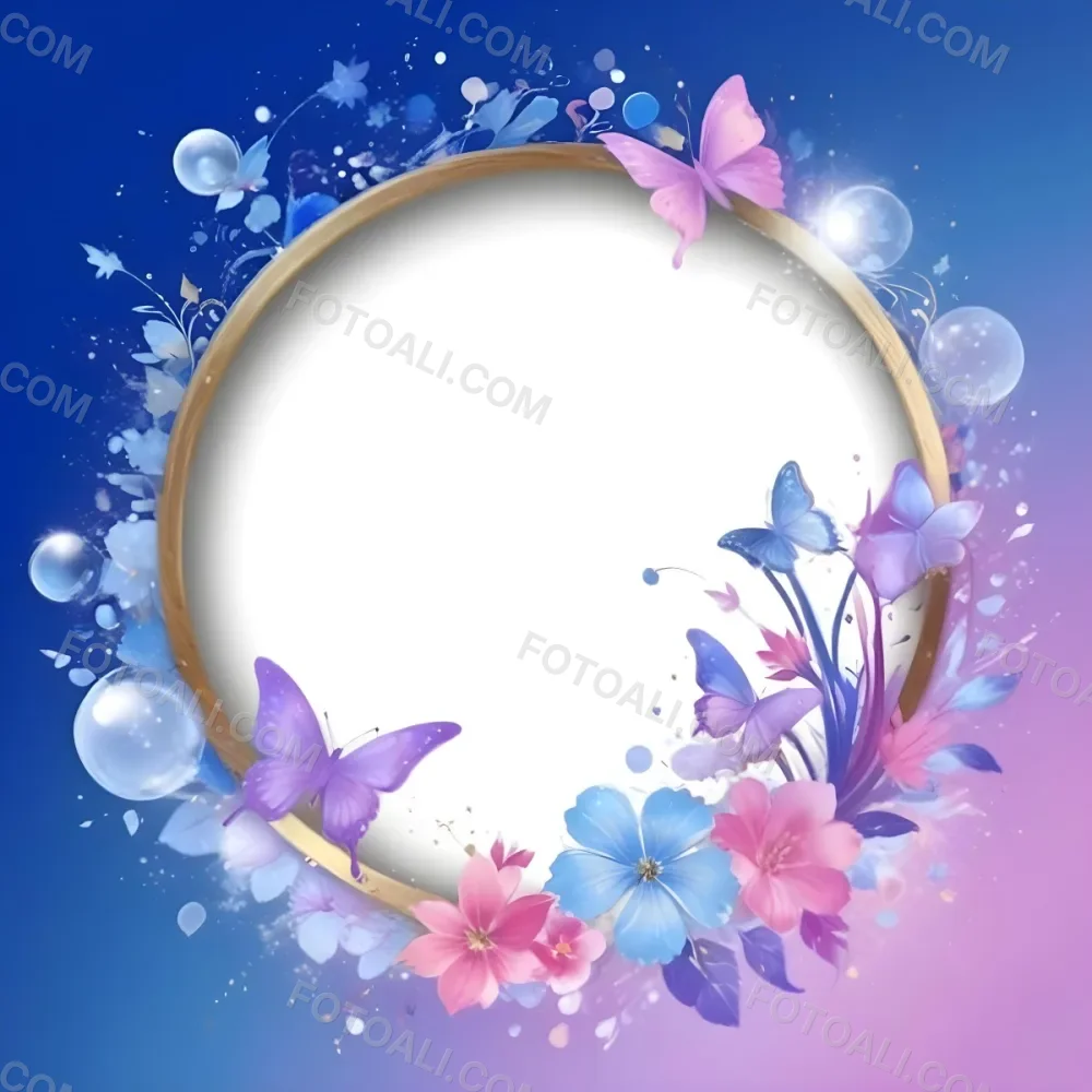 3d Model A Circular Frame With A Gold Outline Surrounded By Colorful Flowers And Butterflies The Background Transitions From Blue To Pink With Sparkling Effects And Bubbles Enhancing The Decorative Elements The Cente 7 7aa5