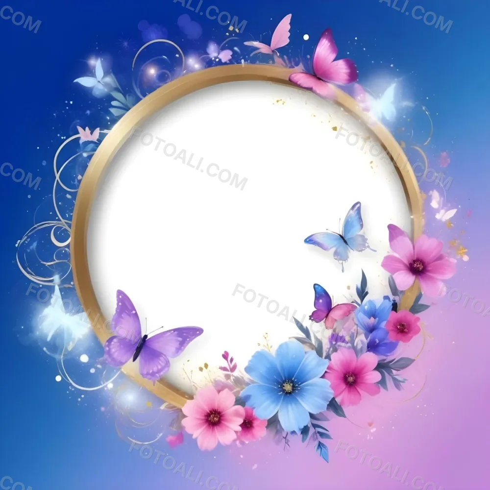 3d Model A Circular Frame With A Gold Outline Surrounded By Colorful Flowers And Butterflies The Background Transitions From Blue To Pink With Sparkling Effects And Bubbles Enhancing The Decorative Elements The Cente 8 03eb