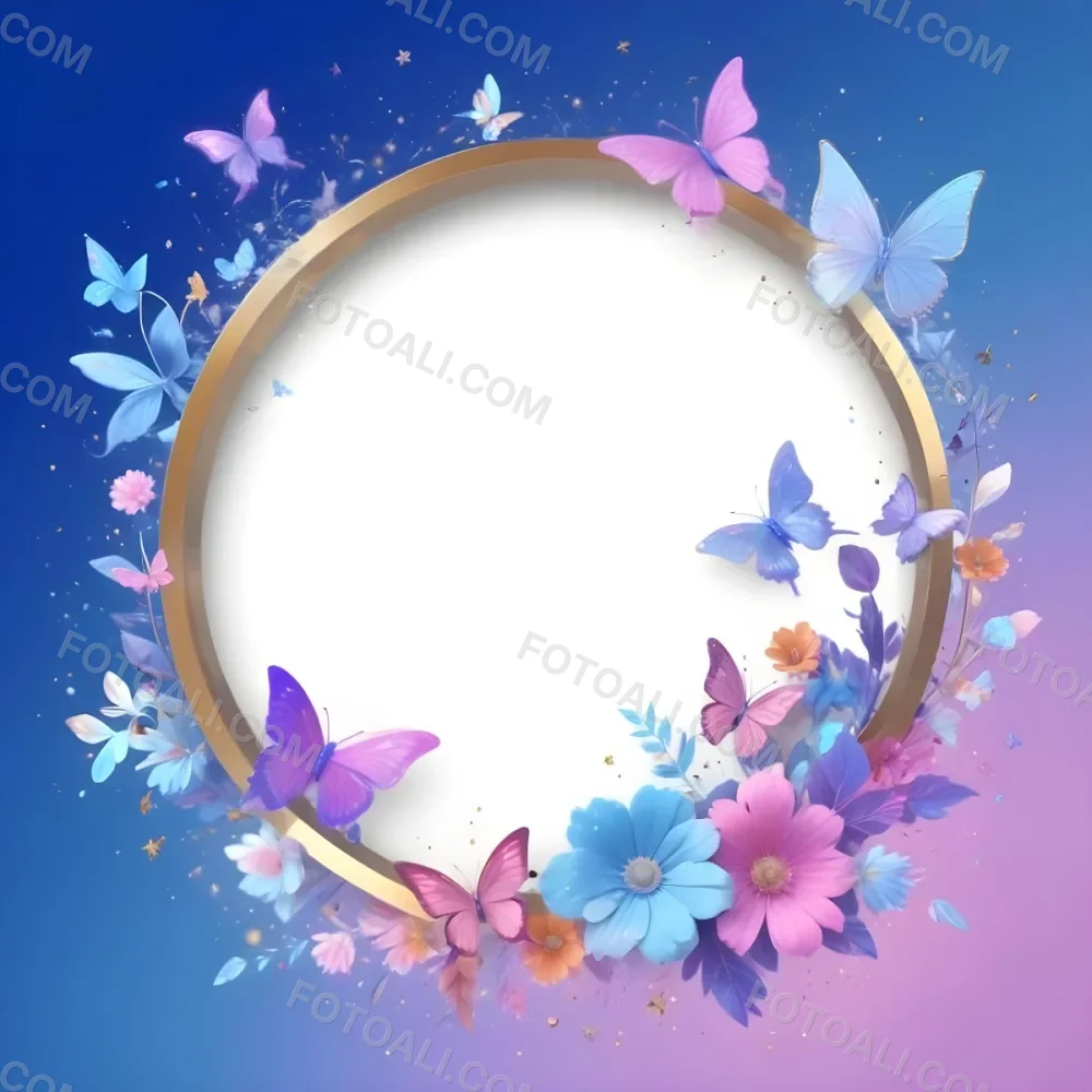 3d Model A Circular Frame With A Gold Outline Surrounded By Colorful Flowers And Butterflies The Background Transitions From Blue To Pink With Sparkling Effects And Bubbles Enhancing The Decorative Elements The Cente 9 431d